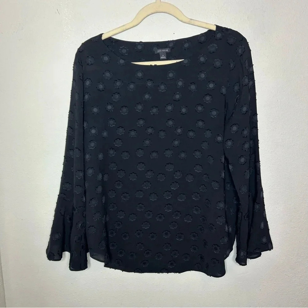 Ann Taylor Black Long Sleeve Blouse with Floral Embellishment Size Medium